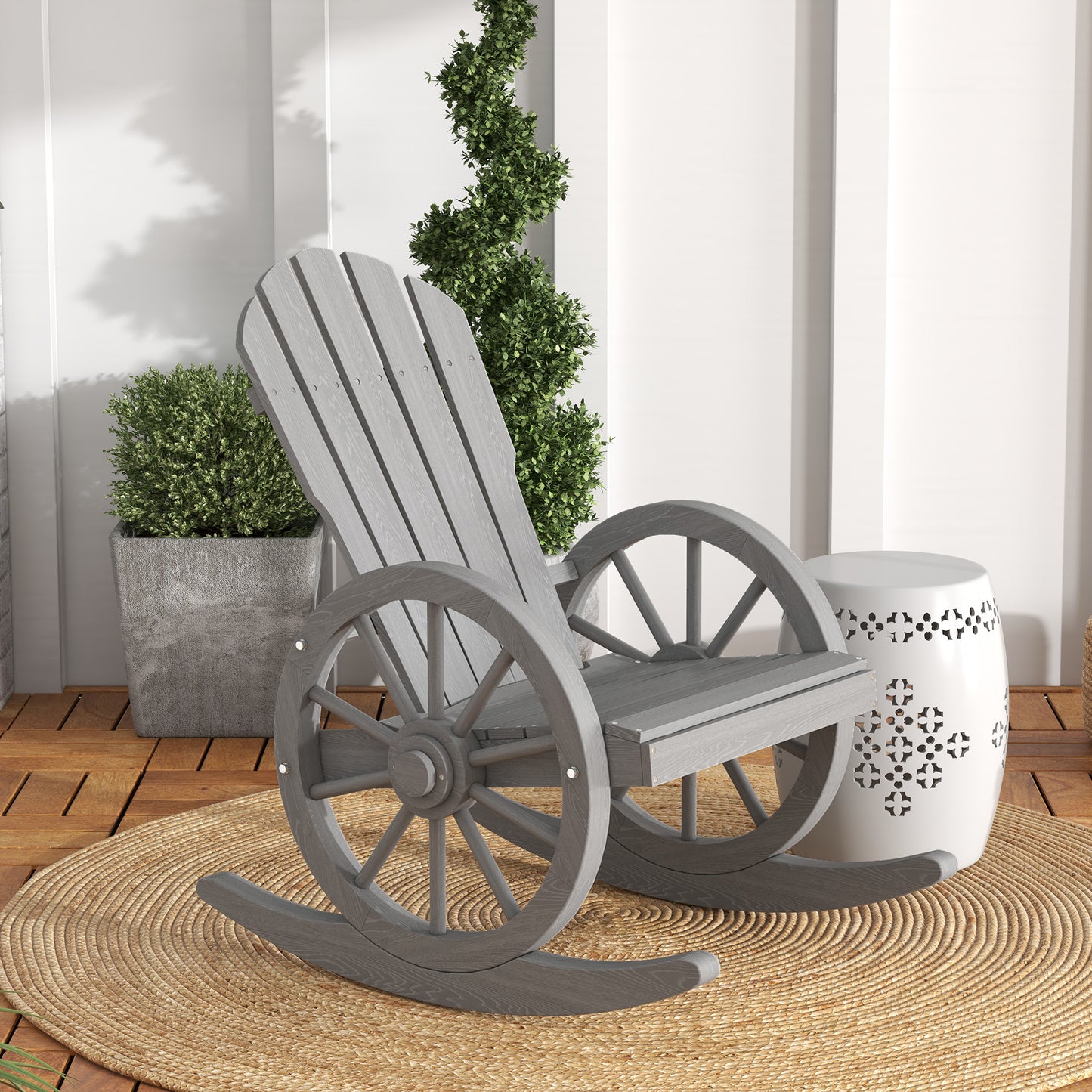 Gray wood wagon wheel rocking chair on a textured rug