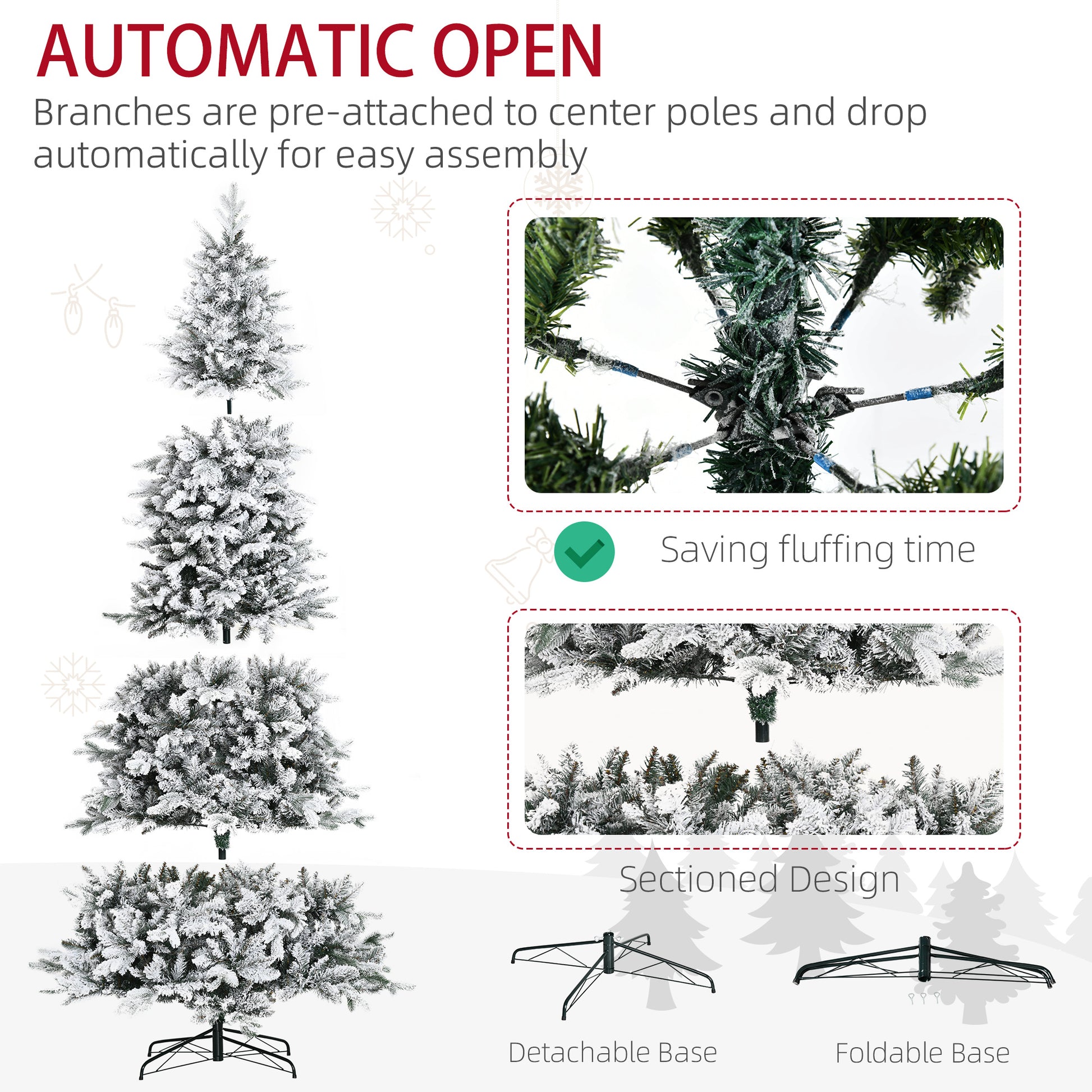 Flocked artificial Christmas tree with preattached branches for automatic setup