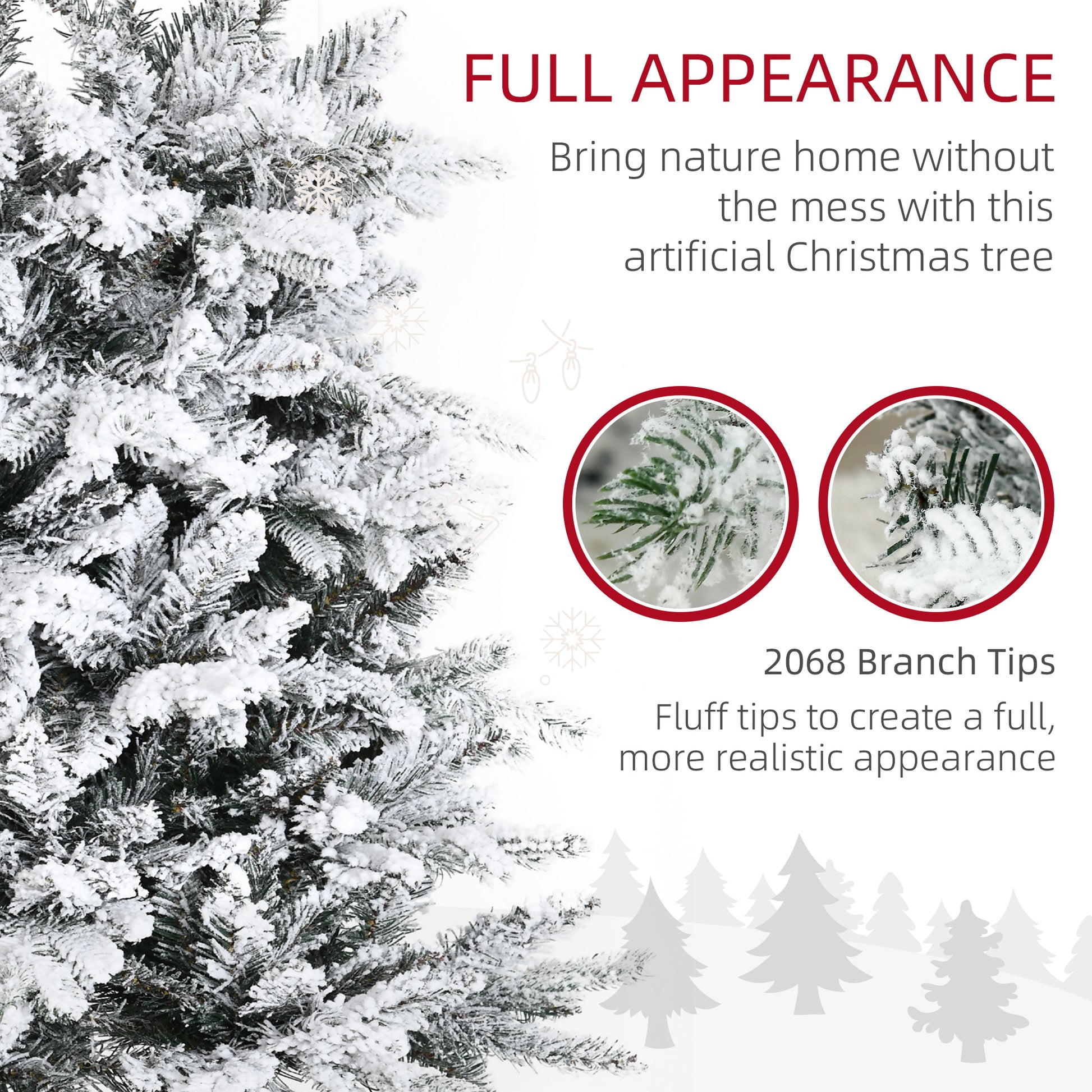 Flocked artificial Christmas tree with dense branches and snowy white tips