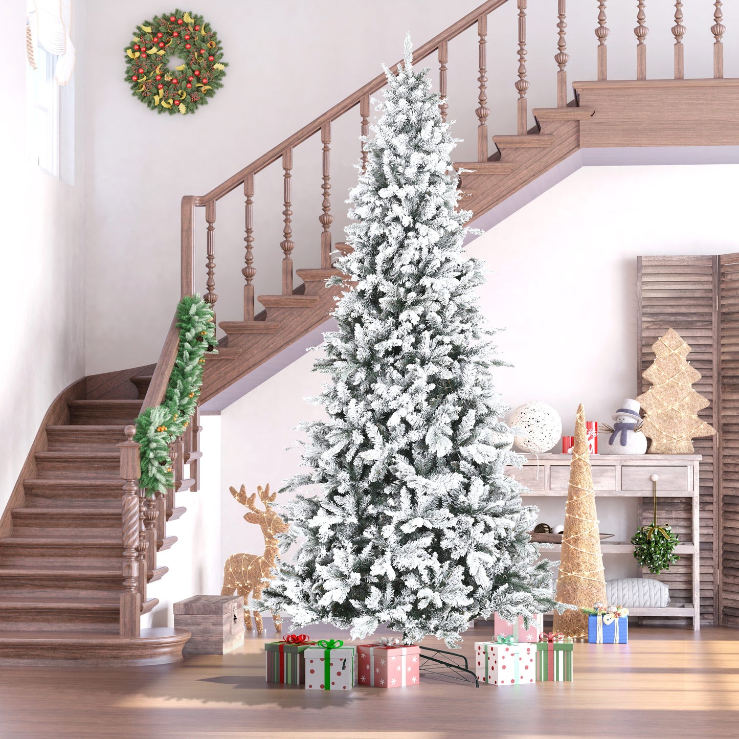 Flocked artificial Christmas tree with snowkissed branches perfect for festive decor
