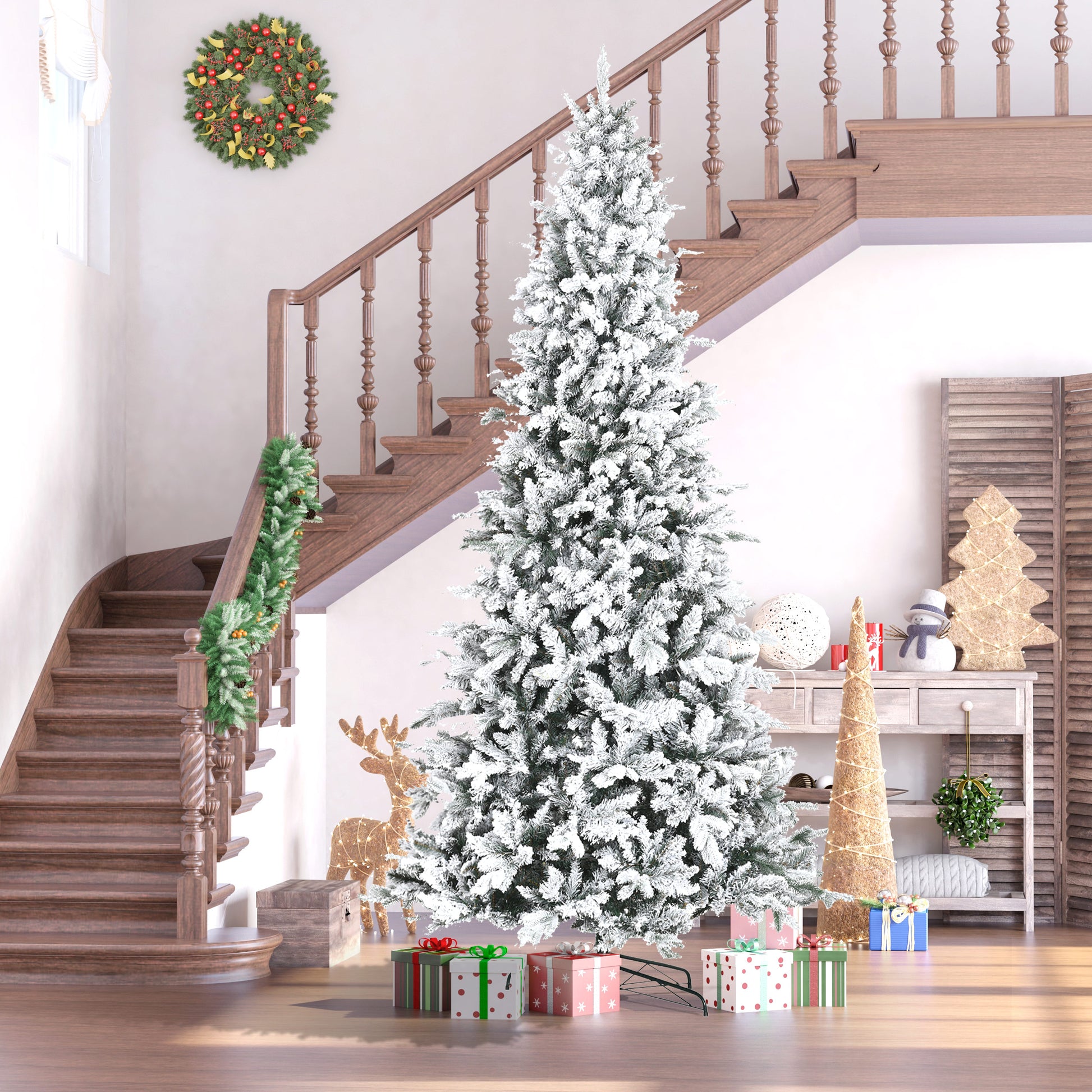 Flocked artificial Christmas tree with snowkissed branches perfect for festive decor