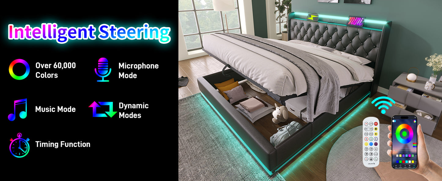 Tufted gray upholstered bed with integrated LED lighting and storage