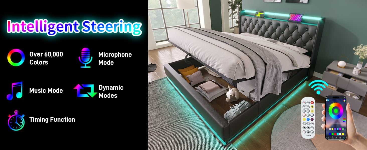 Tufted gray upholstered bed with integrated LED lighting and storage