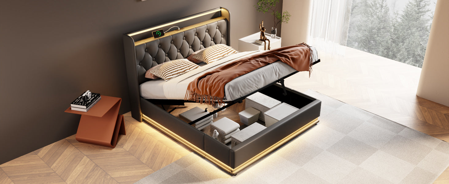 Black leather storage bed with tufted headboard and integrated LED lighting