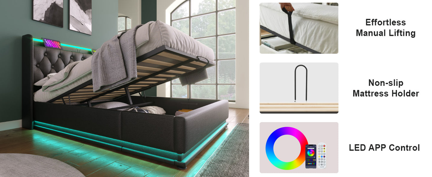 Black faux leather storage bed with tufted headboard and RGB LED lighting