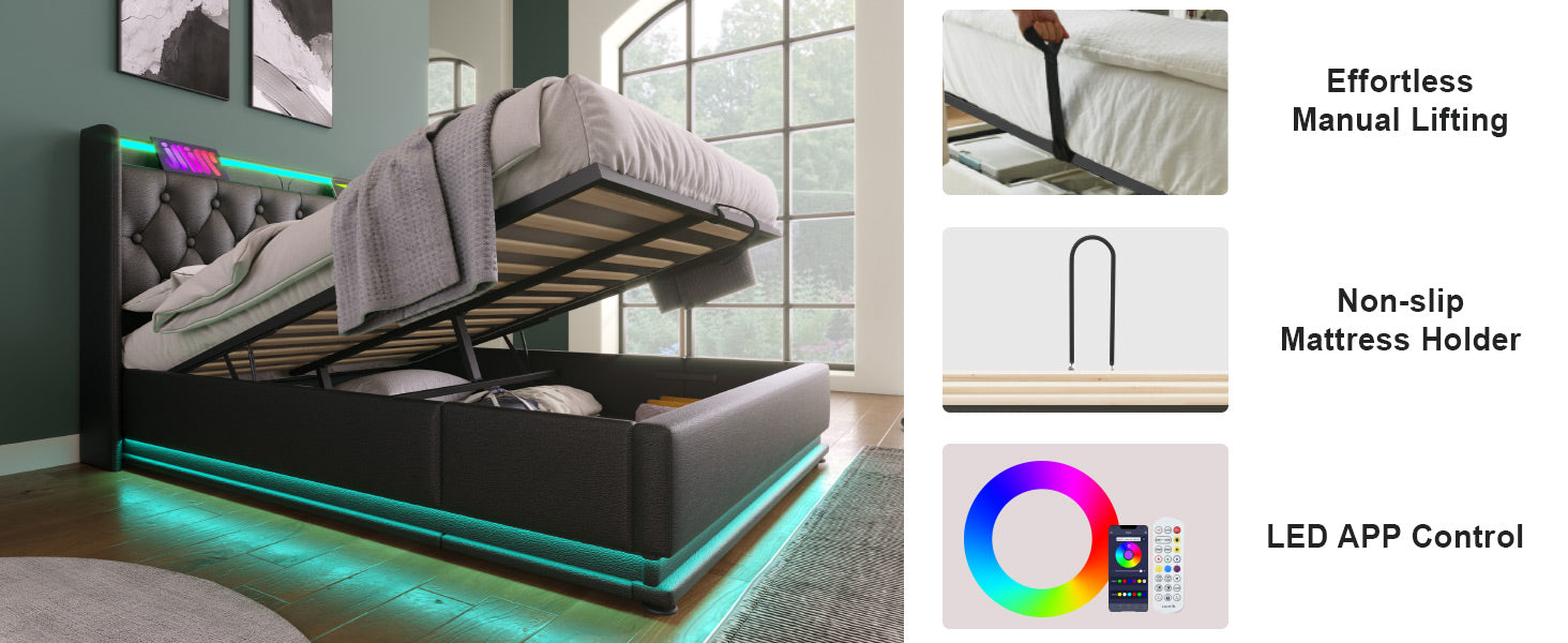 Black faux leather storage bed with tufted headboard and RGB LED lighting