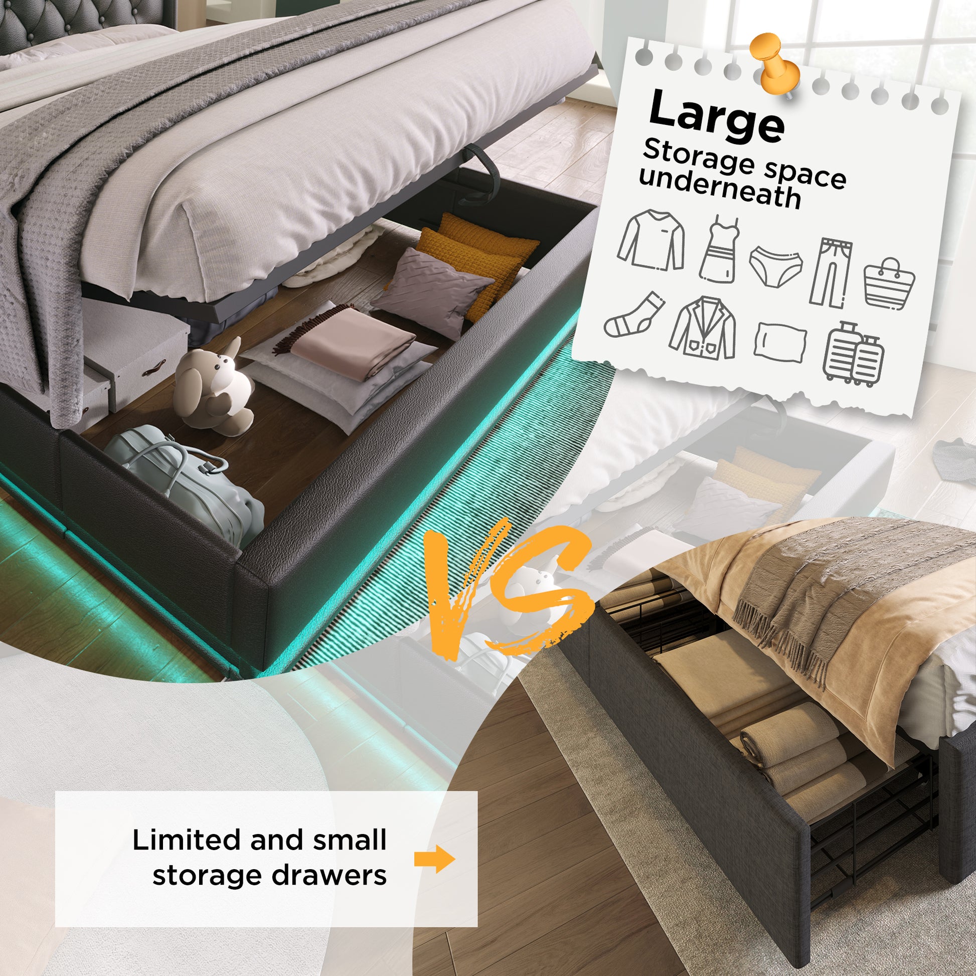 Dark grey upholstered bed frame with teal LED lighting and ample underbed storage
