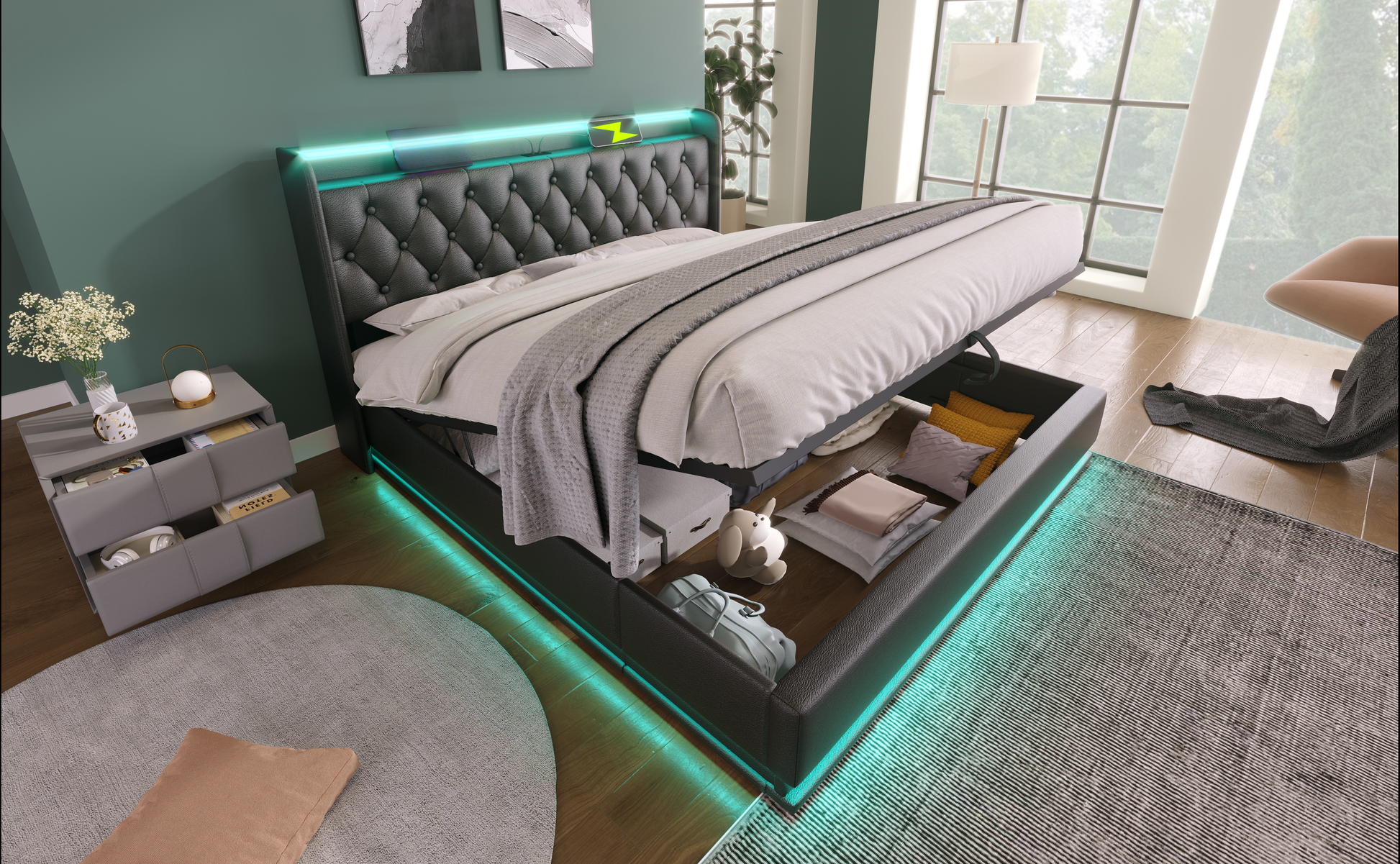 Modern grey tufted storage bed frame with green LED lighting and builtin wireless charger
