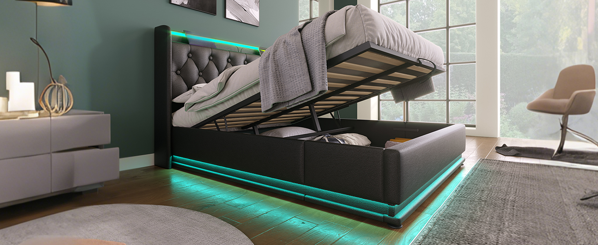 Black faux leather ottoman storage bed with diamond tufted headboard and LED lighting