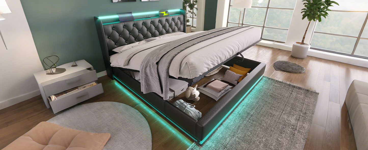 Dark grey upholstered storage bed with tufted headboard and LED lighting