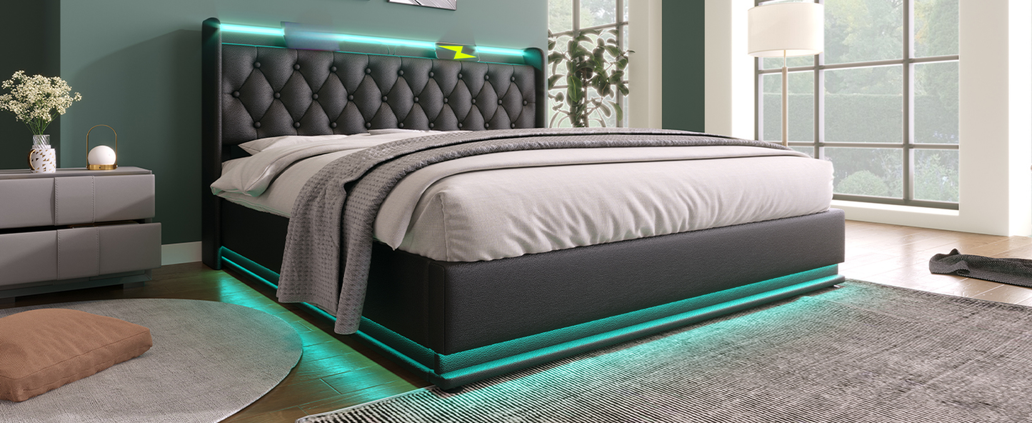 Modern tufted black leather bed with integrated LED lighting and contemporary design