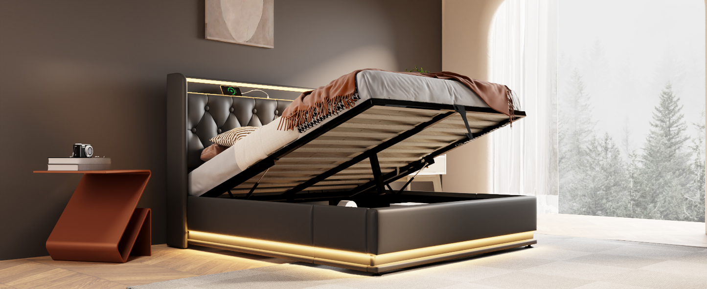 Dark grey tufted storage bed with LED lighting and mattress lifted