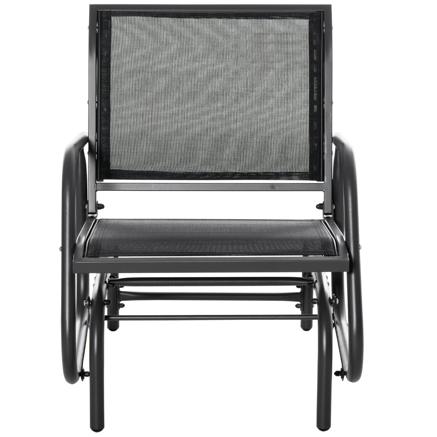 Black mesh and metal patio glider chair with a sleek modern design for outdoor relaxation
