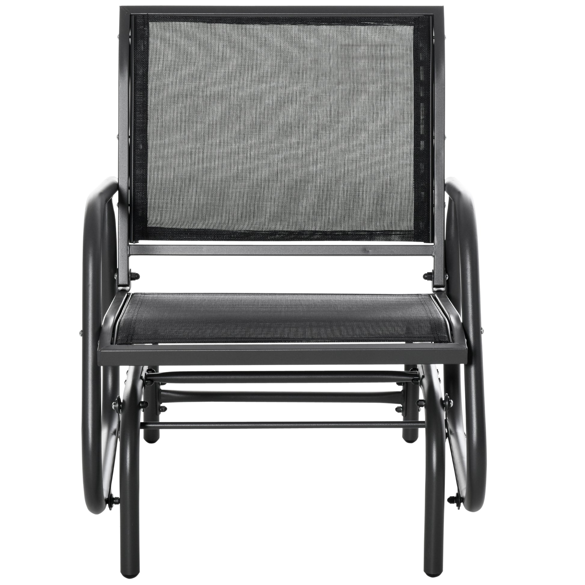 Black mesh and metal patio glider chair with a sleek modern design for outdoor relaxation
