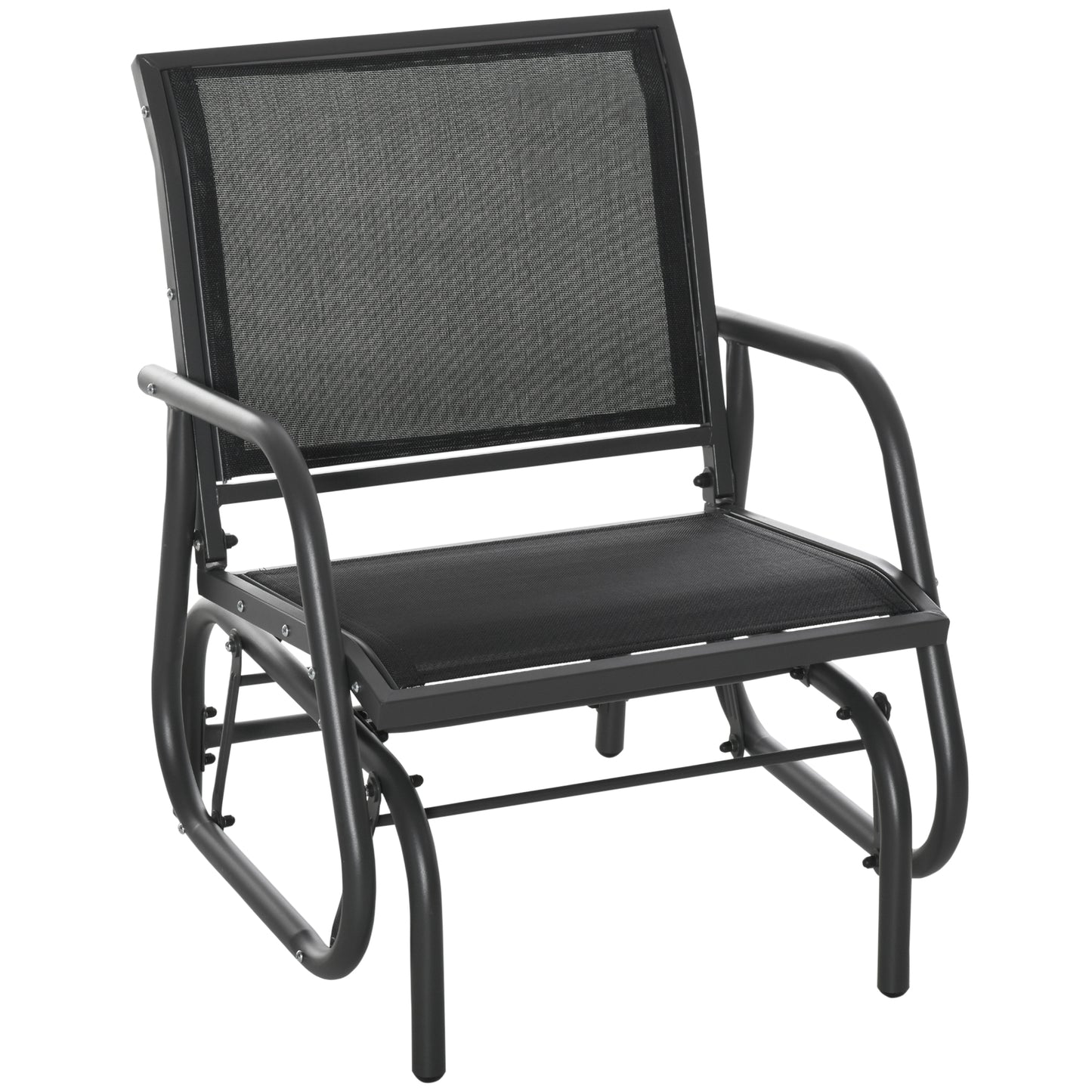 Black metal mesh patio glider chair with curved arms for outdoor relaxation