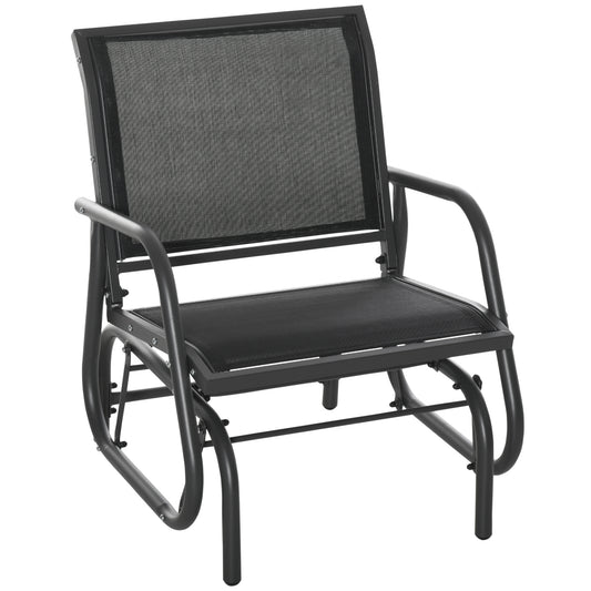 Black metal mesh patio glider chair with curved arms for outdoor relaxation