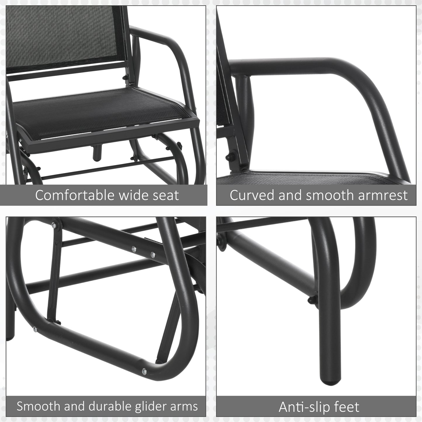 Black mesh glider chair featuring a wide comfortable seat with sturdy metal frame