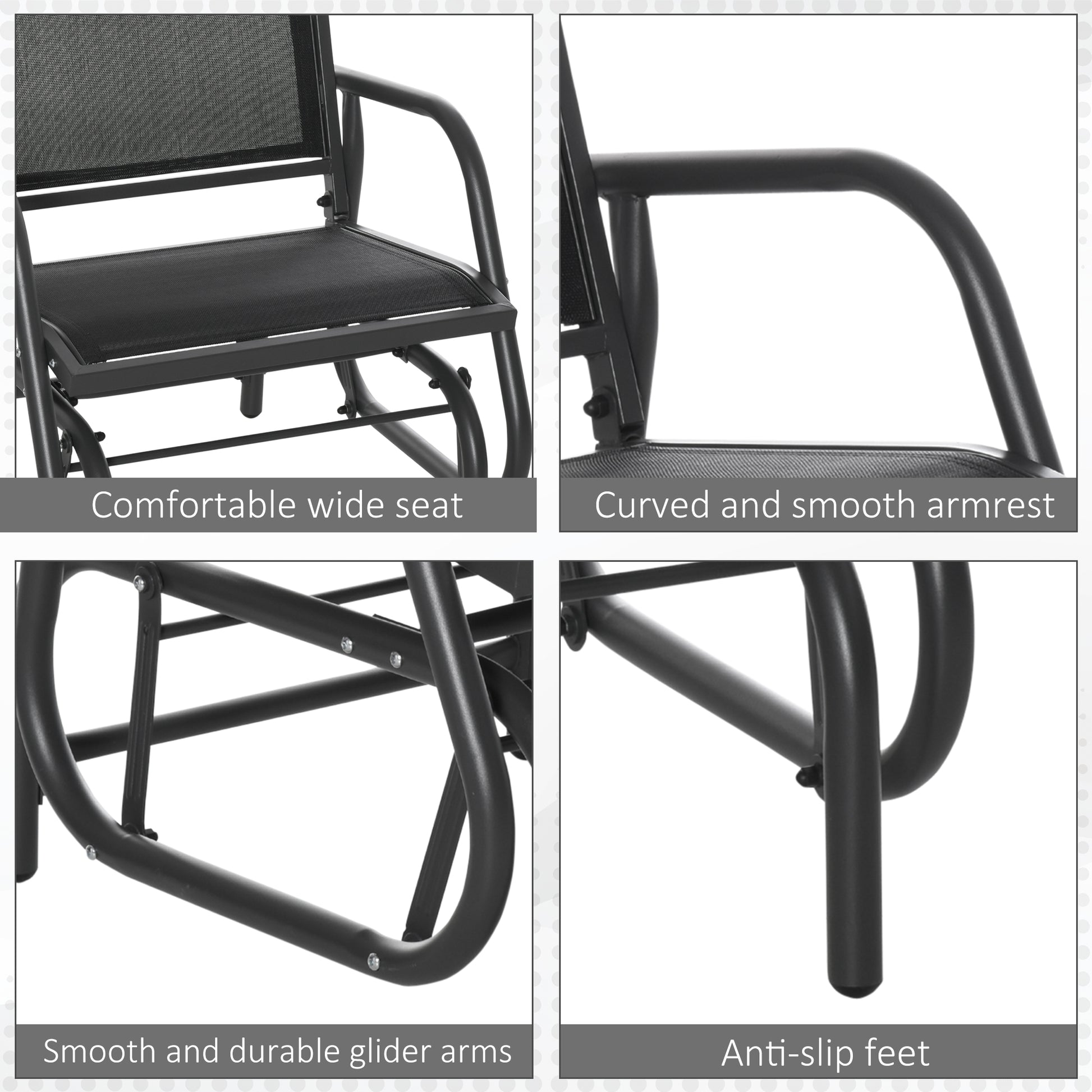 Black mesh glider chair featuring a wide comfortable seat with sturdy metal frame
