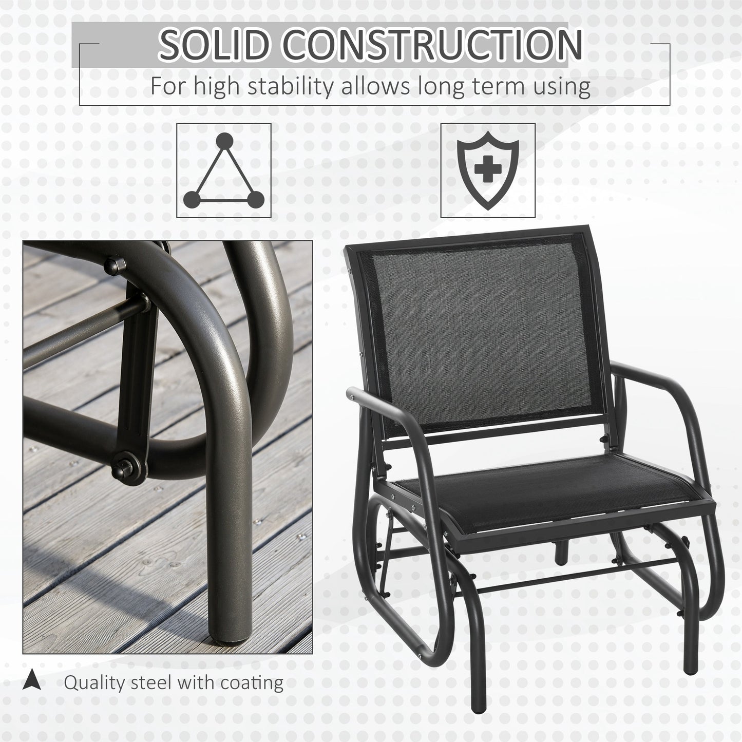Black metal glider chair with durable mesh seat and back perfect for outdoor relaxation