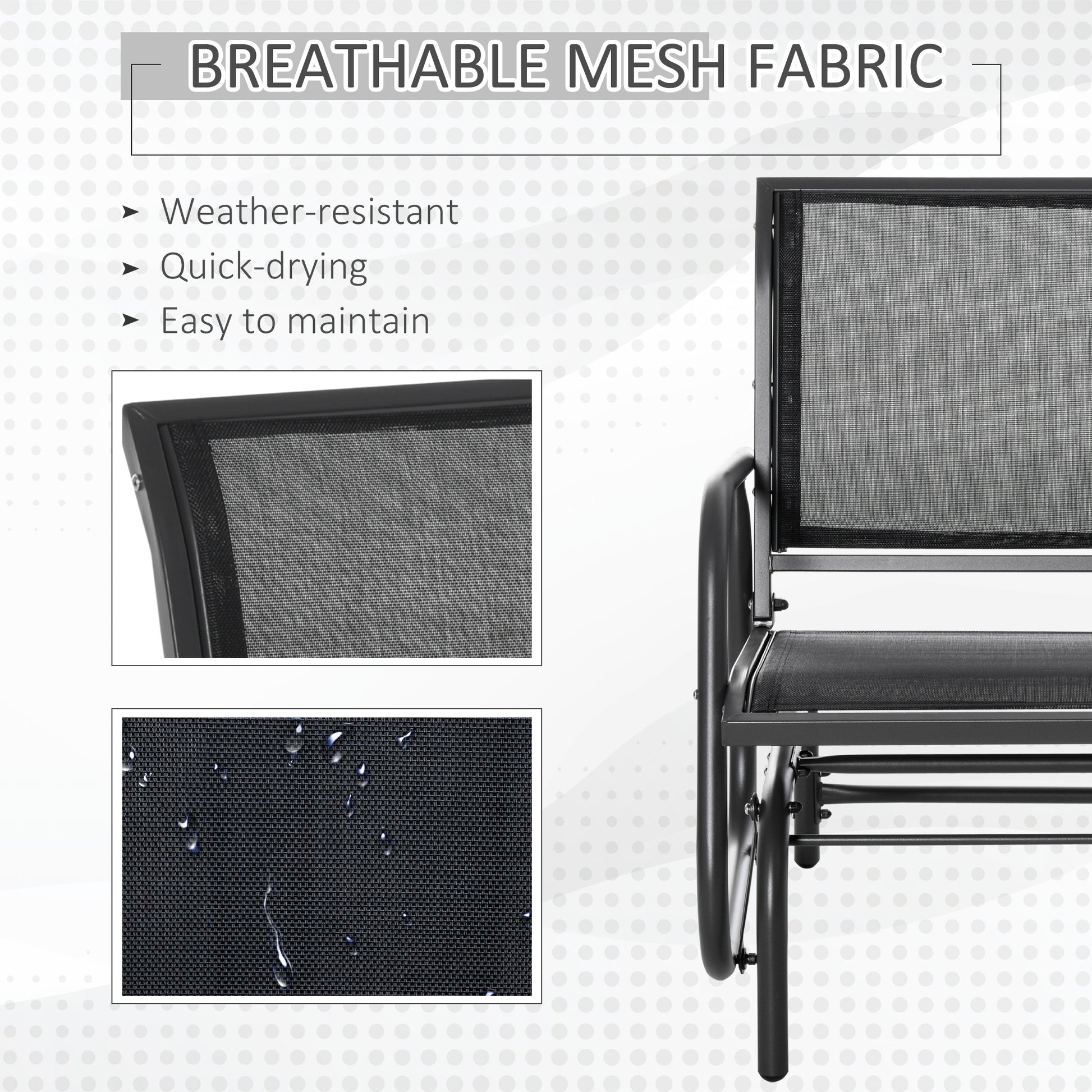 Black breathable mesh fabric detail on outdoor glider weatherresistant and quickdrying