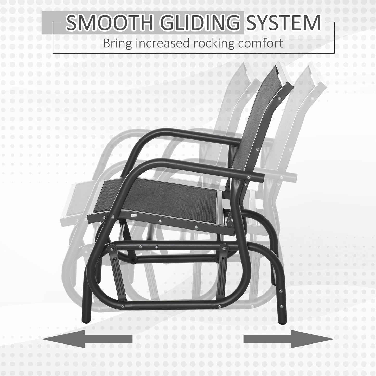 Black metal patio glider with mesh fabric seat and back showing smooth gliding motion