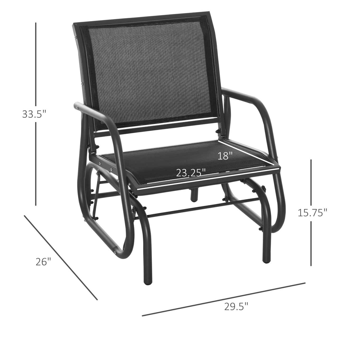 Black mesh patio glider chair with metal frame ideal for outdoor relaxation