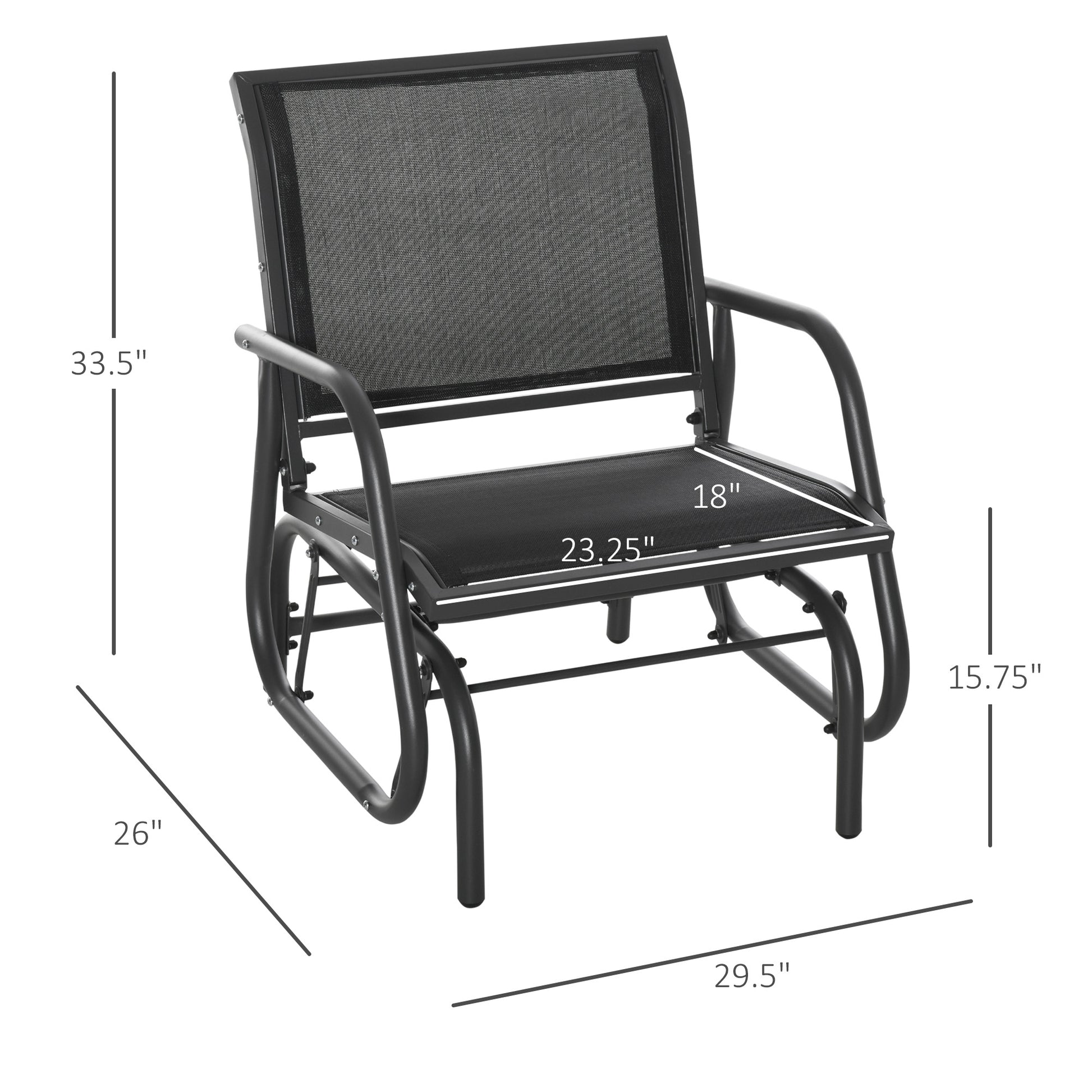 Black mesh patio glider chair with metal frame ideal for outdoor relaxation