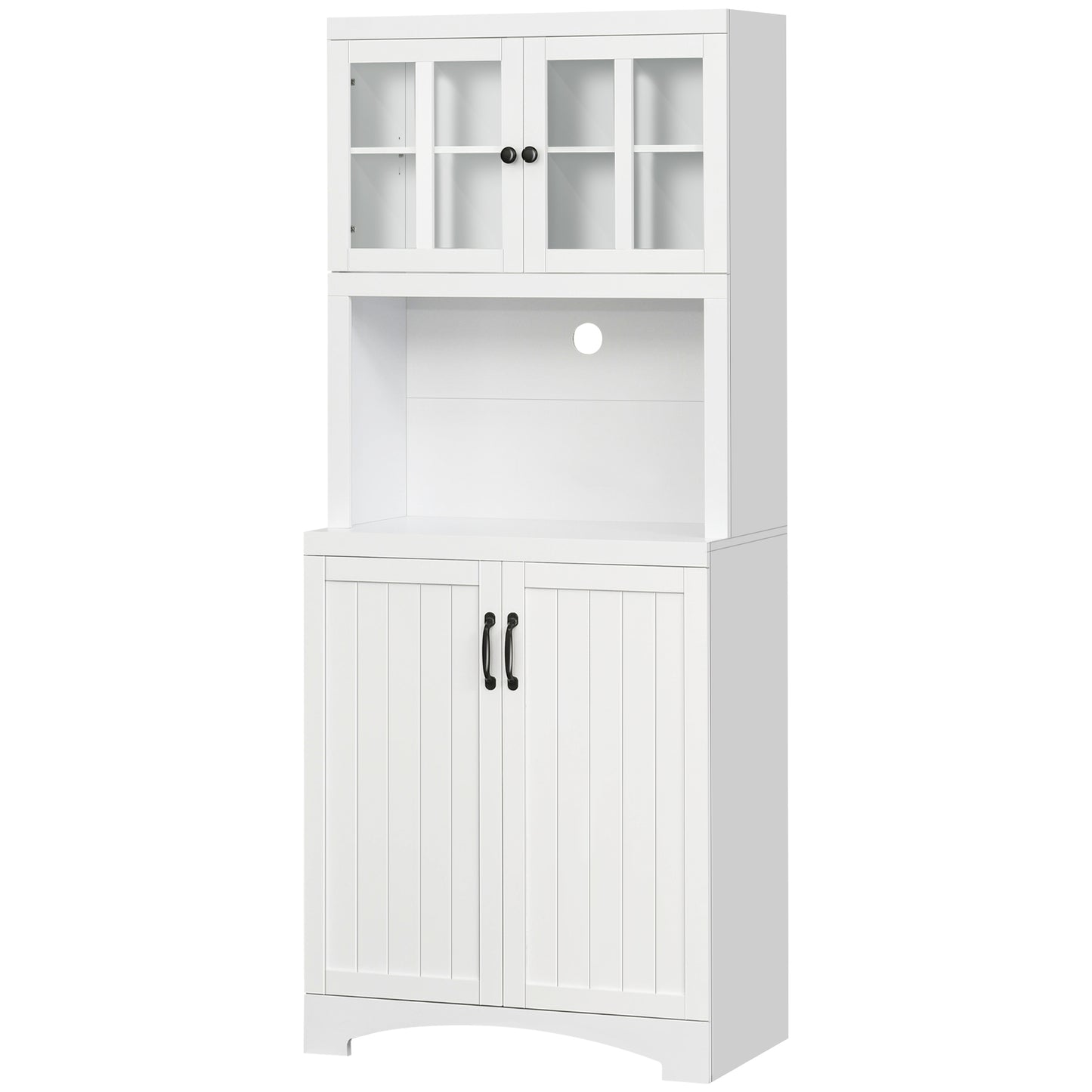 White wooden bakers rack with glass cabinet doors and two lower doors