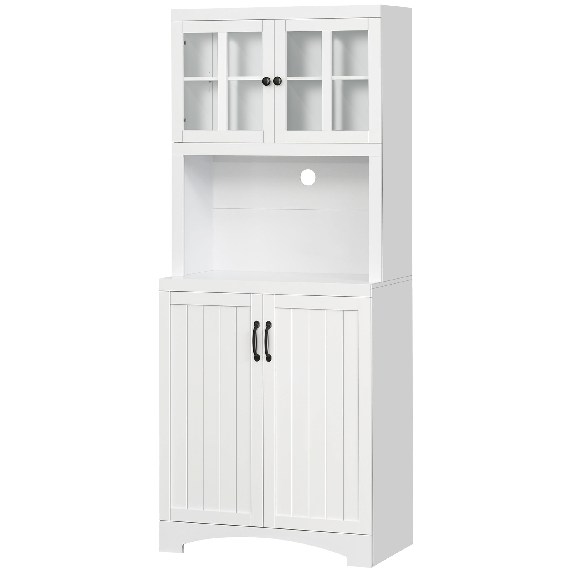 White wooden bakers rack with glass cabinet doors and two lower doors