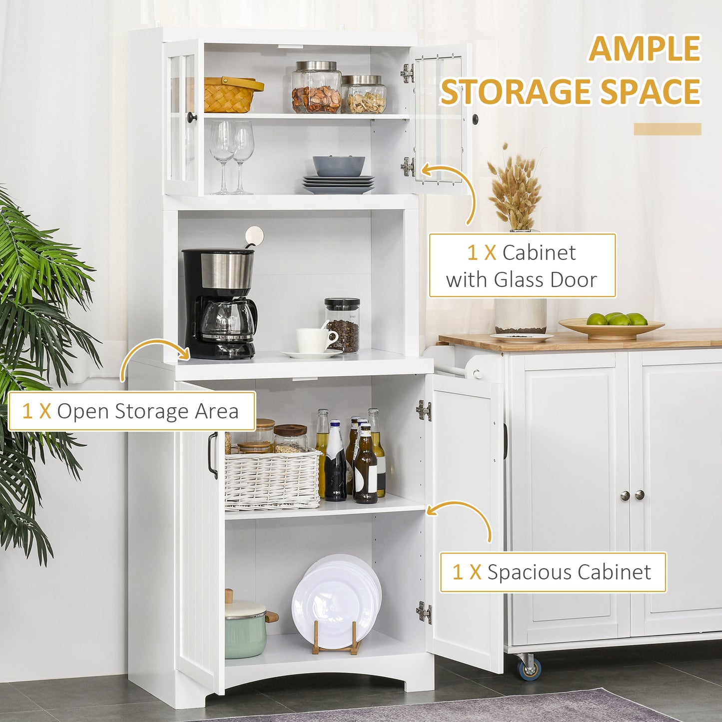 White kitchen hutch with open shelves glass door cabinet and lower spacious cabinet
