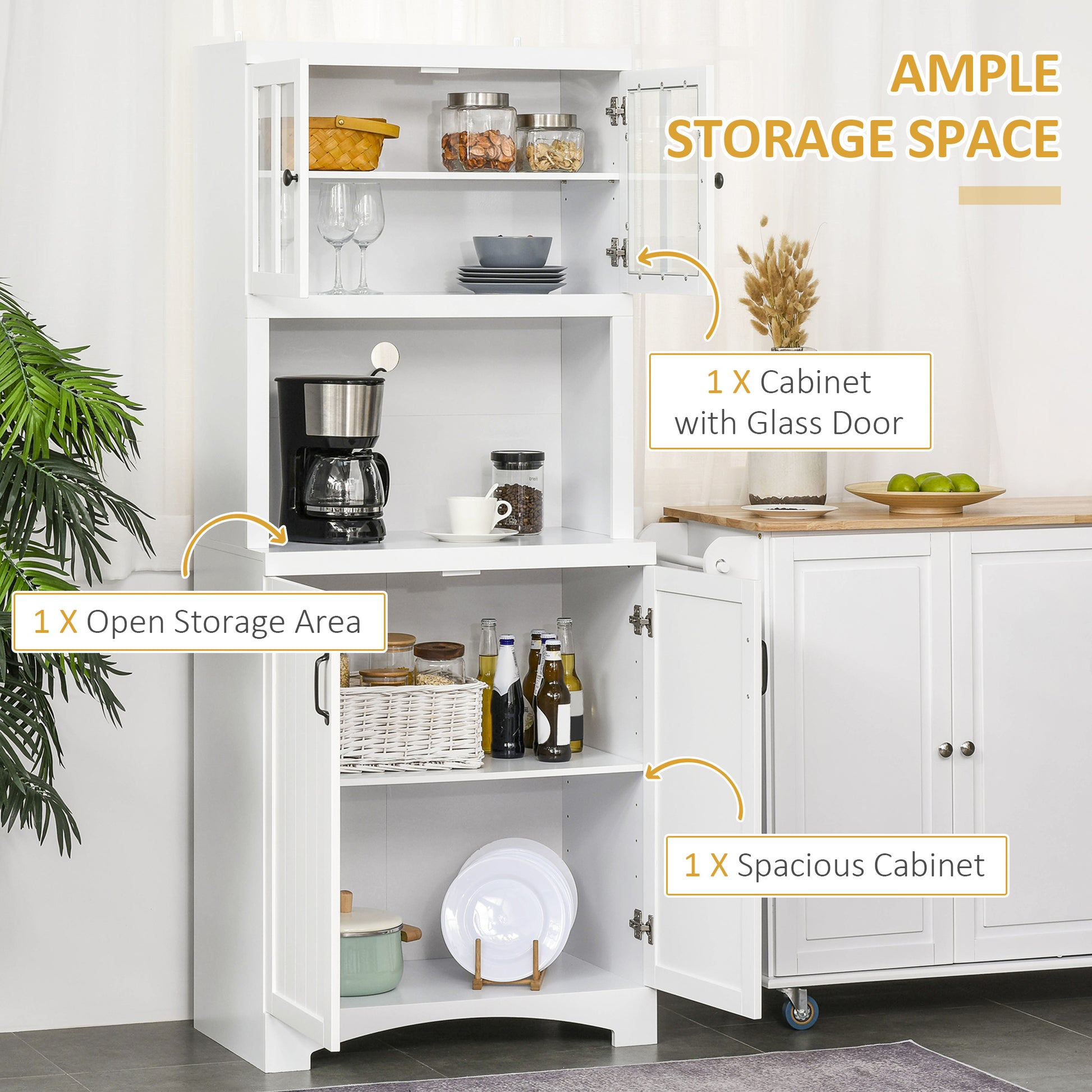 White kitchen hutch with open shelves glass door cabinet and lower spacious cabinet
