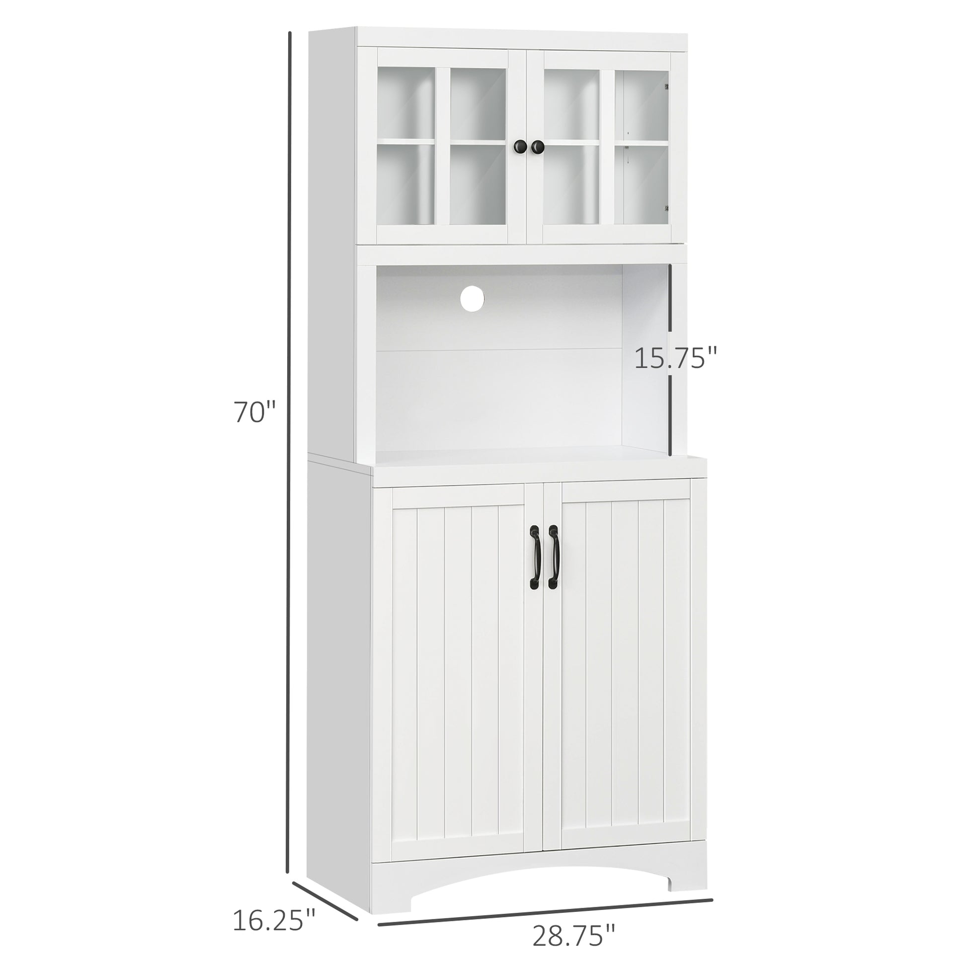 White kitchen bakers rack with glass cabinet doors and lower cabinet