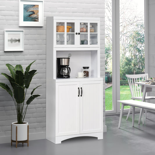 White kitchen hutch with glass doors and wooden coffee maker