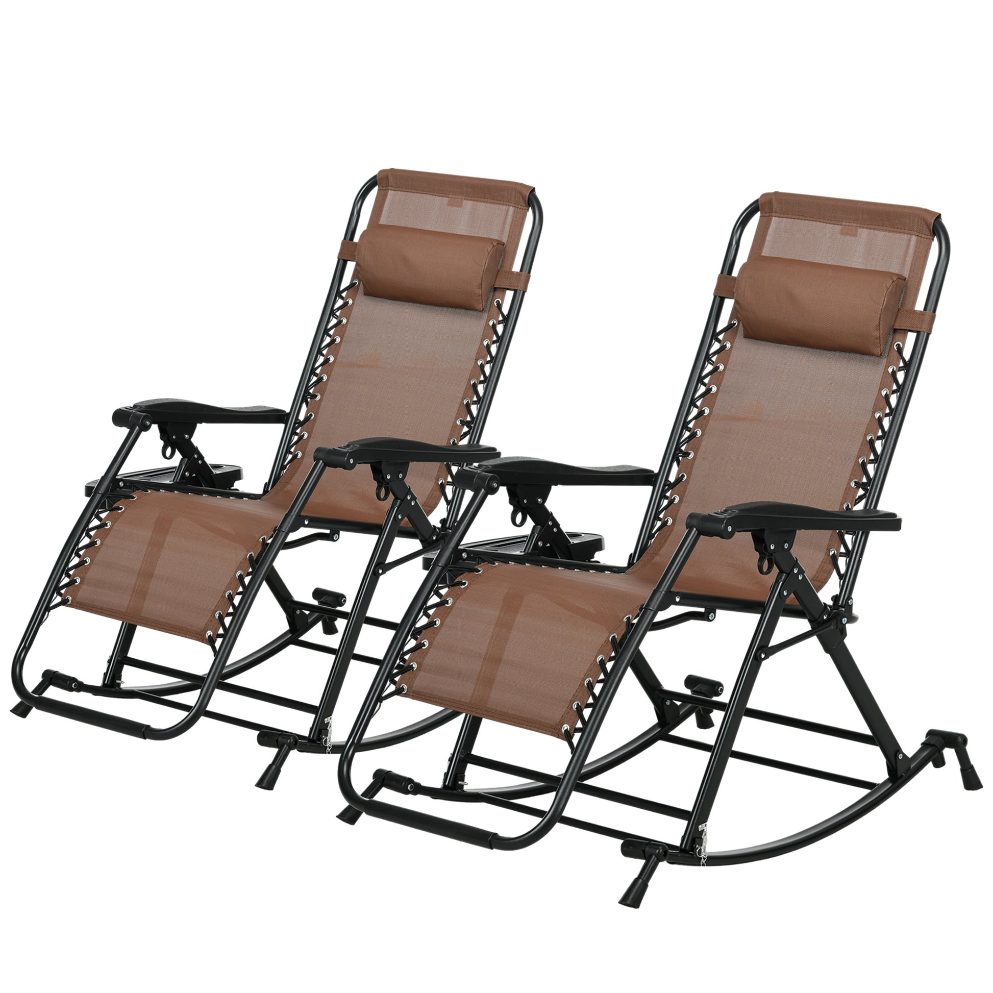 Two brown zero gravity chairs with black metal frames and integrated cup holders perfect for patio relaxation