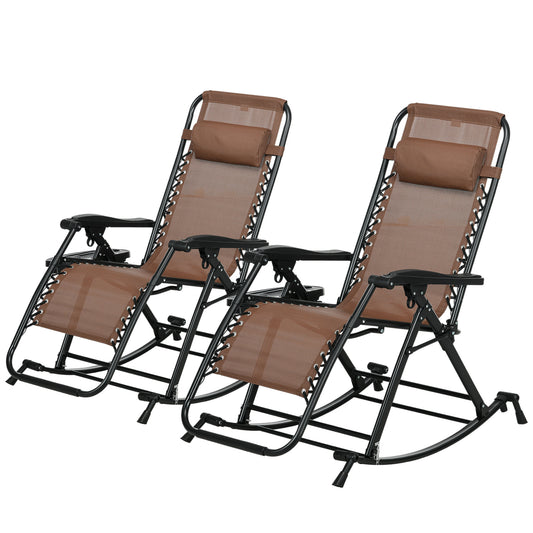Two brown zero gravity chairs with black metal frames and integrated cup holders perfect for patio relaxation
