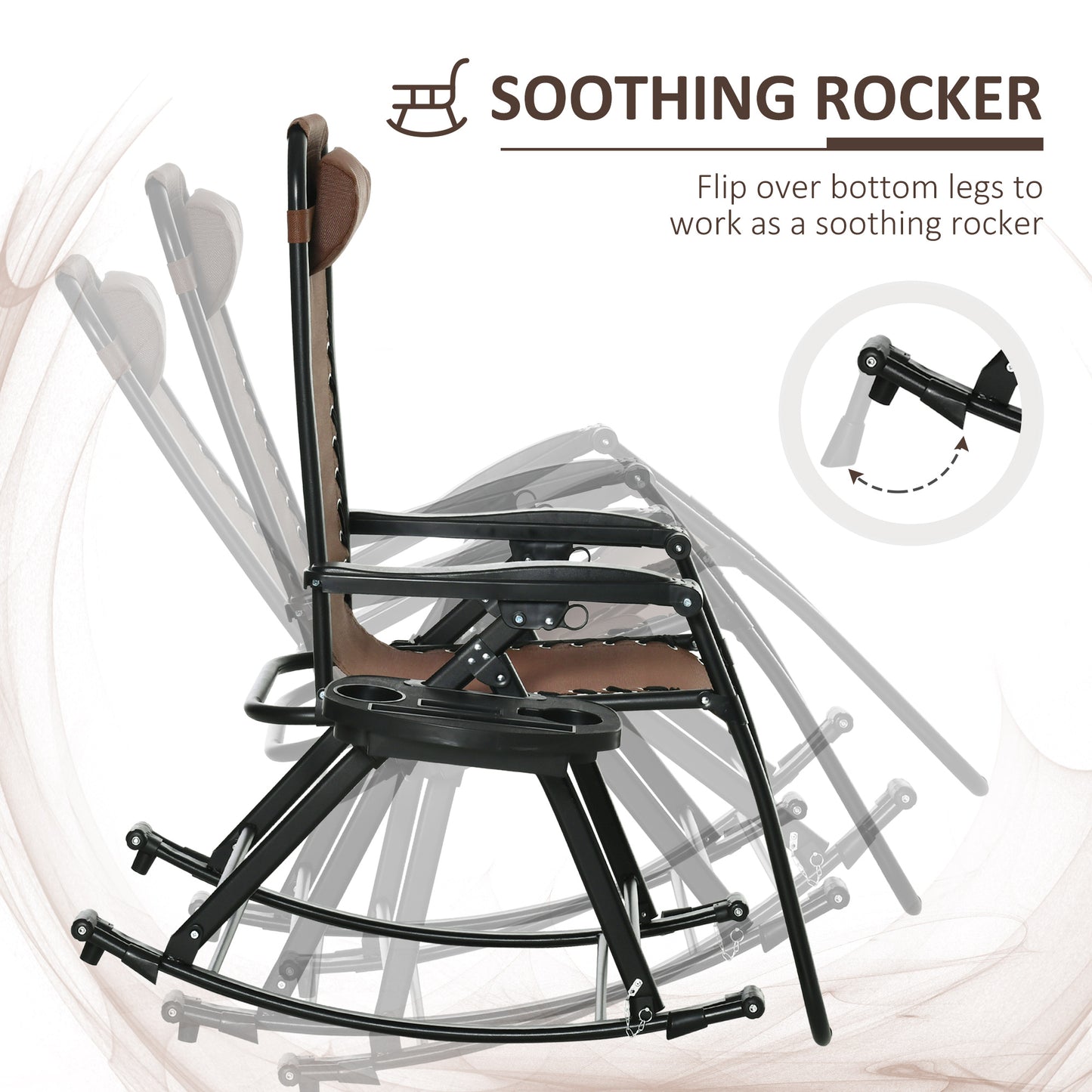 Brown padded zero gravity rocking chair with black metal frame and cup holder