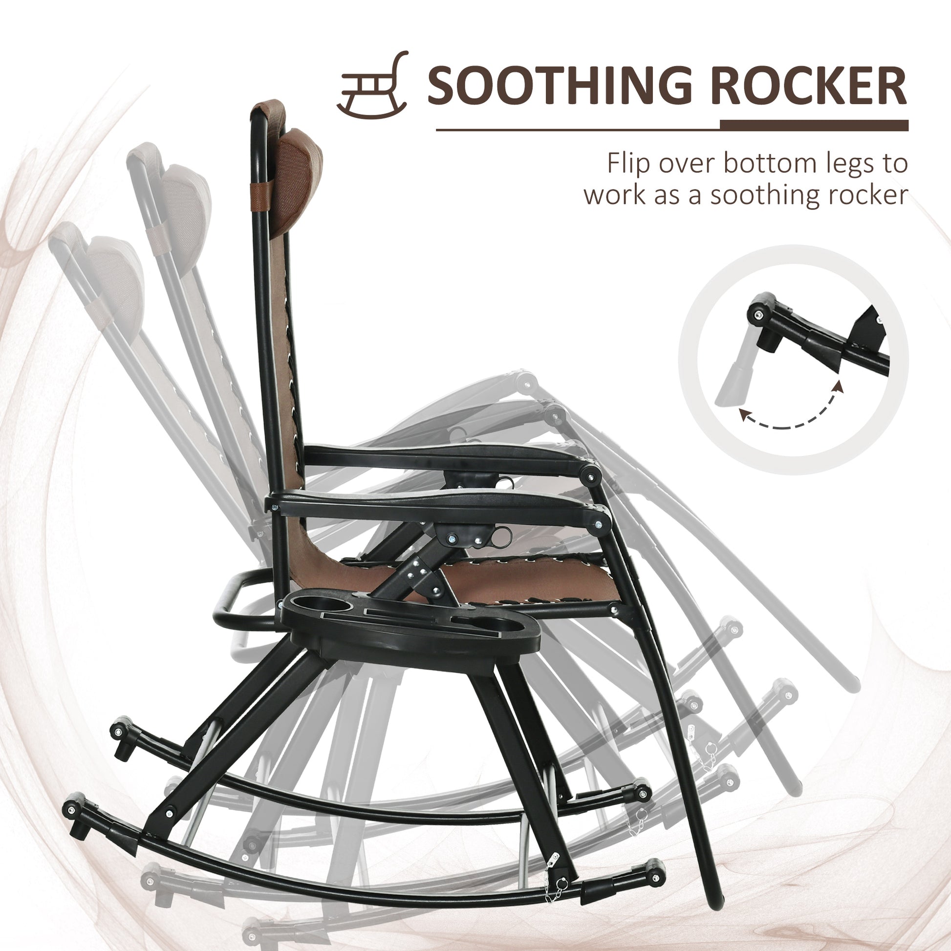 Brown padded zero gravity rocking chair with black metal frame and cup holder