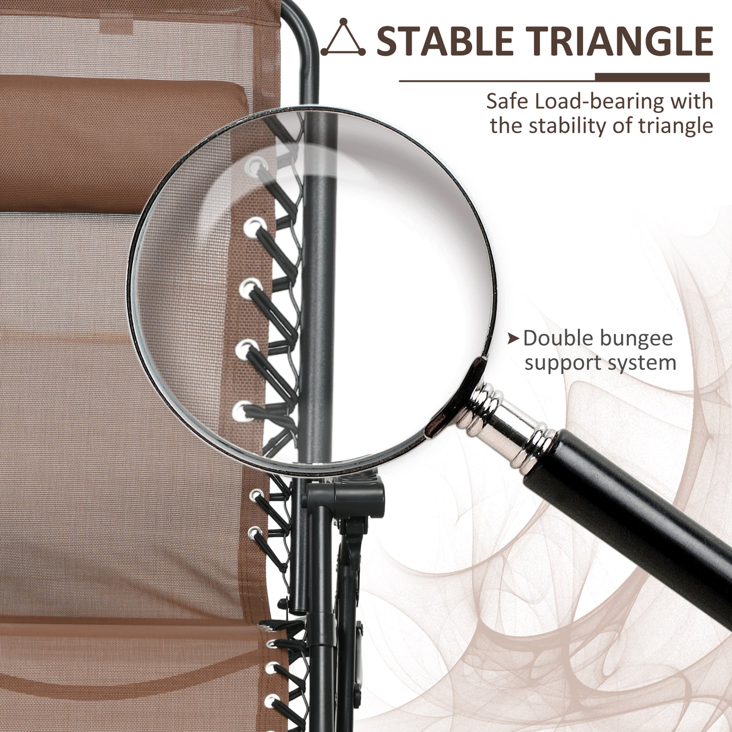 Brown mesh fabric chair with double bungee support system detail shown magnified