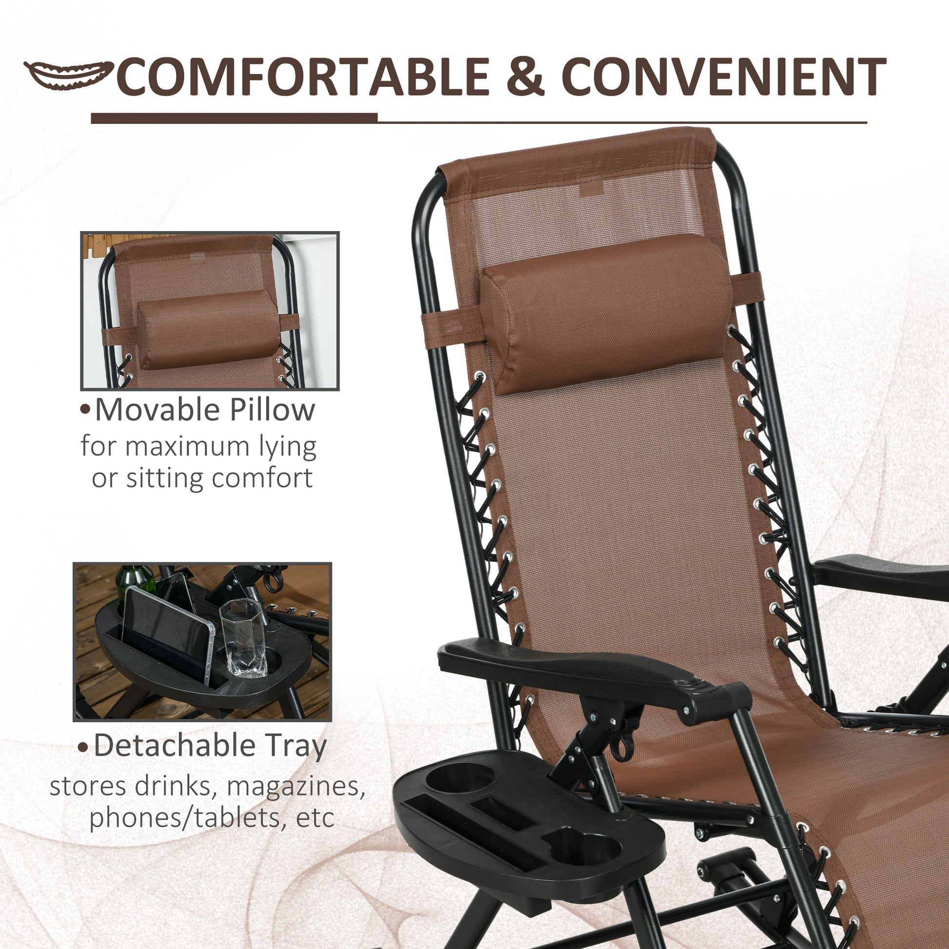 Brown zero gravity chair with black metal frame and removable headrest