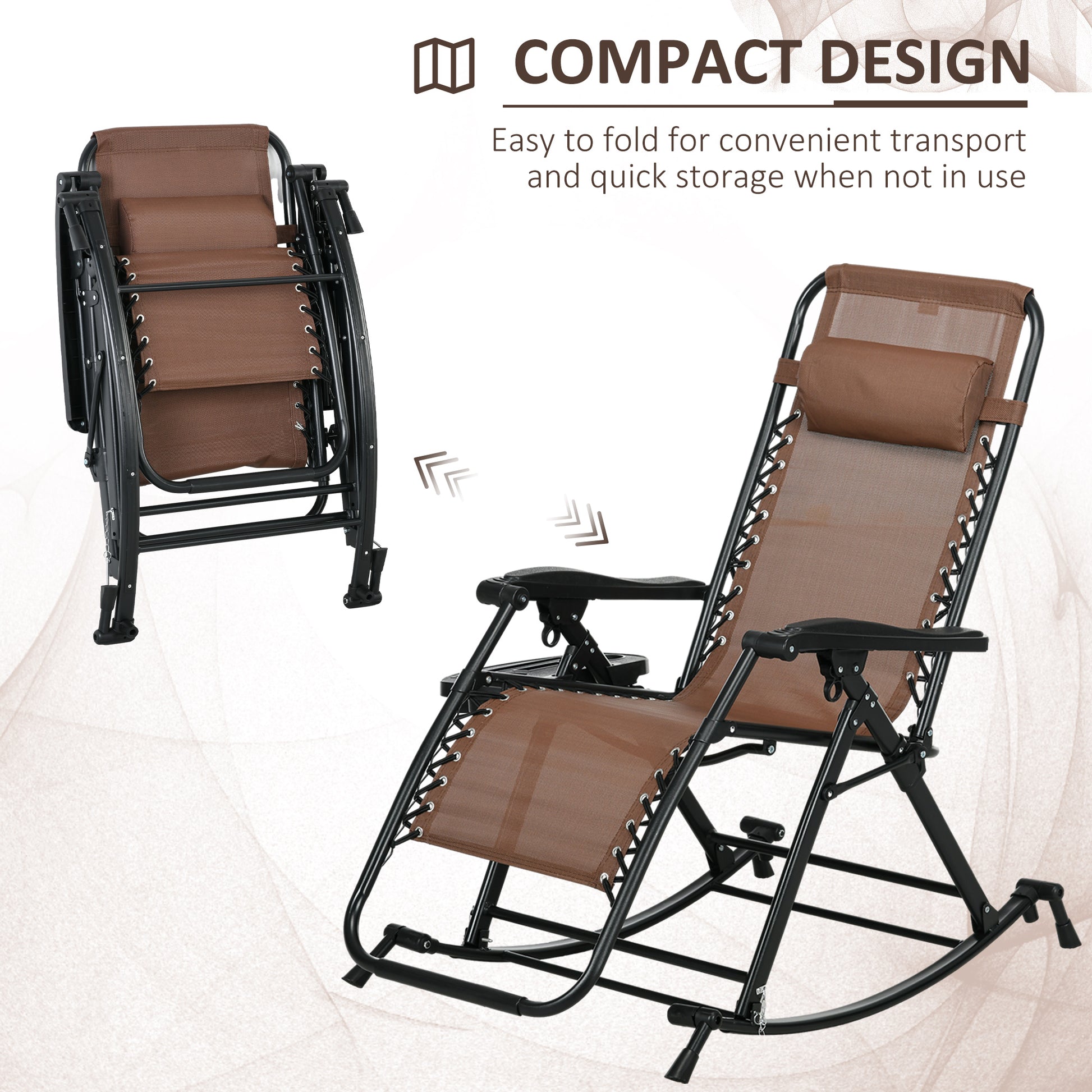 Brown zero gravity chair with black metal frame adjustable and foldable for outdoor relaxation