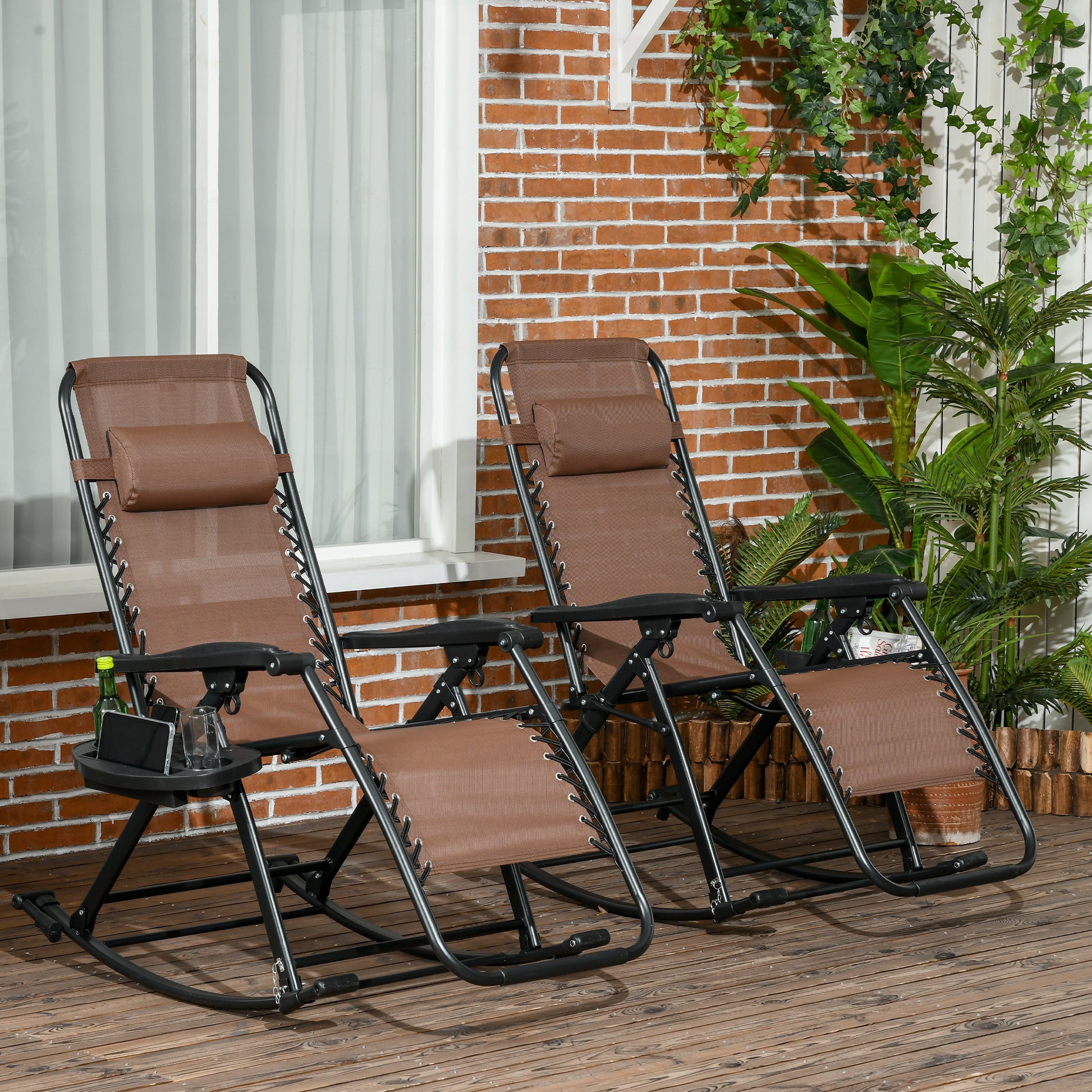 Brown zero gravity chair with removable headrest and tray for outdoor relaxation