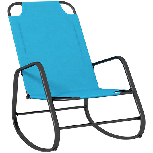 Turquoise fabric rocking chair with black metal frame perfect for outdoor relaxation