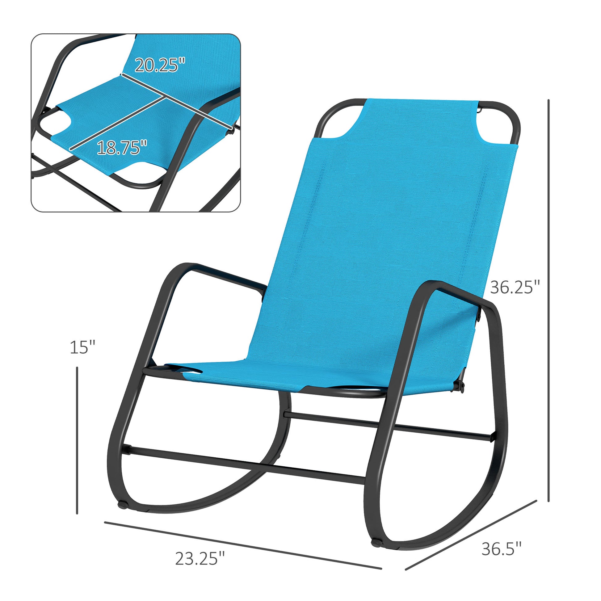 Blue metal frame rocking chair with breathable mesh seat and back for outdoor relaxation