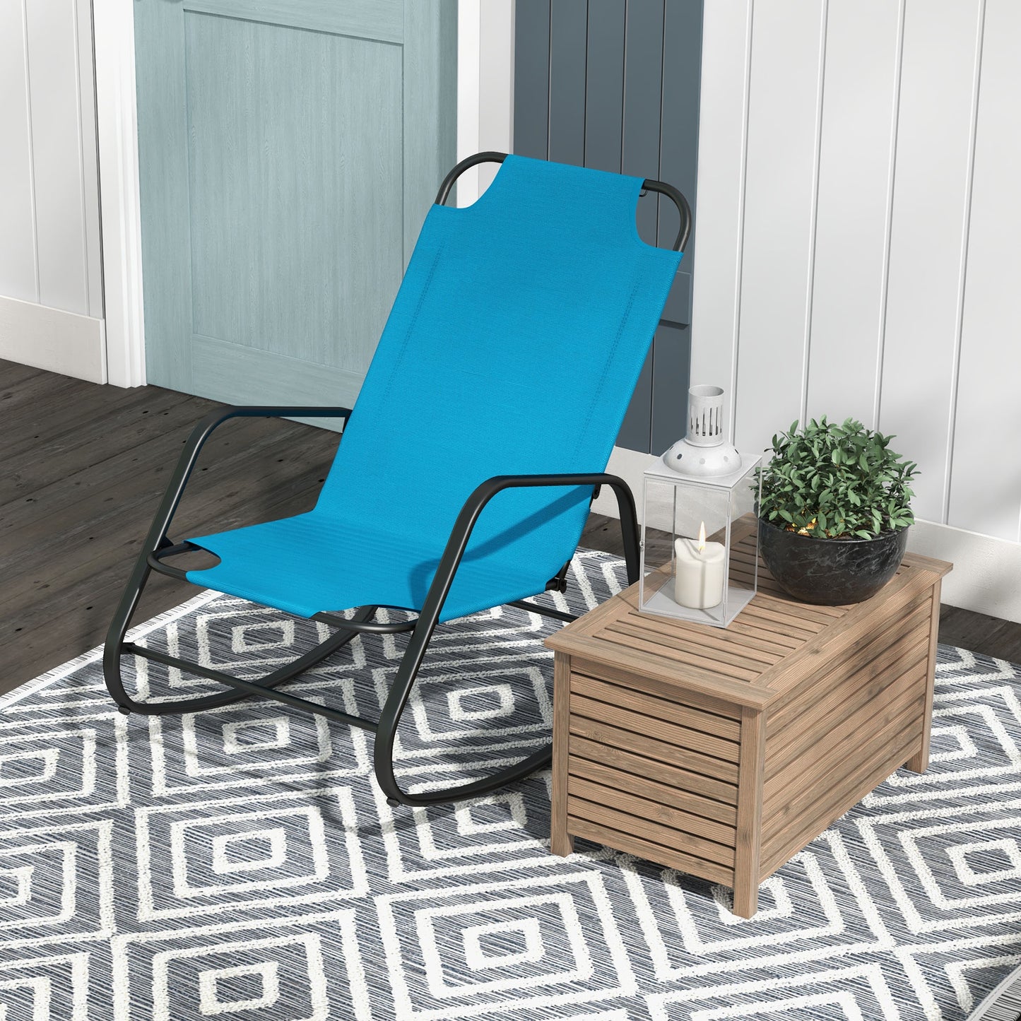 Blue sling outdoor chair with black metal frame ideal for patio relaxation