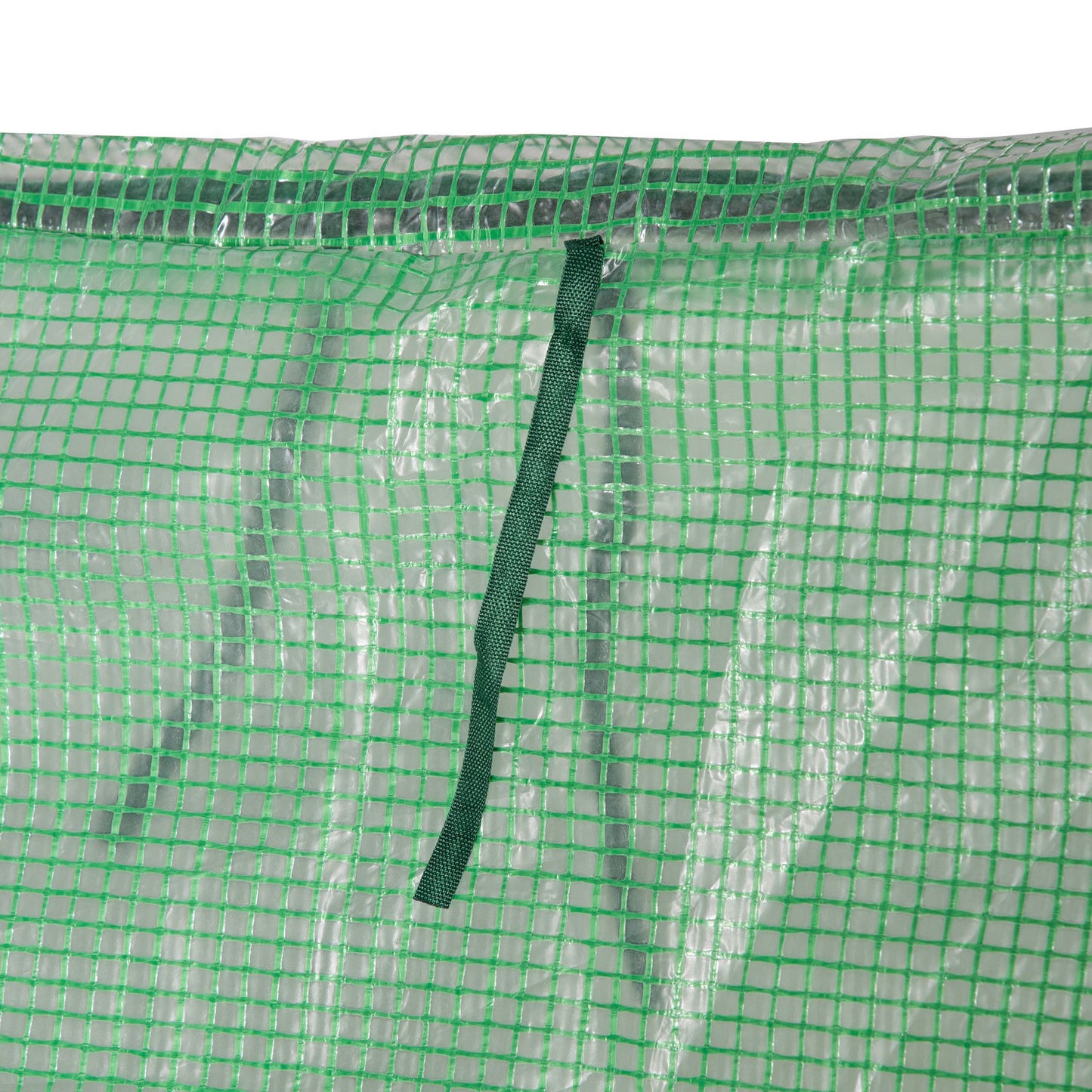 Green mini greenhouse cover made of reinforced plastic with securing strap for plants