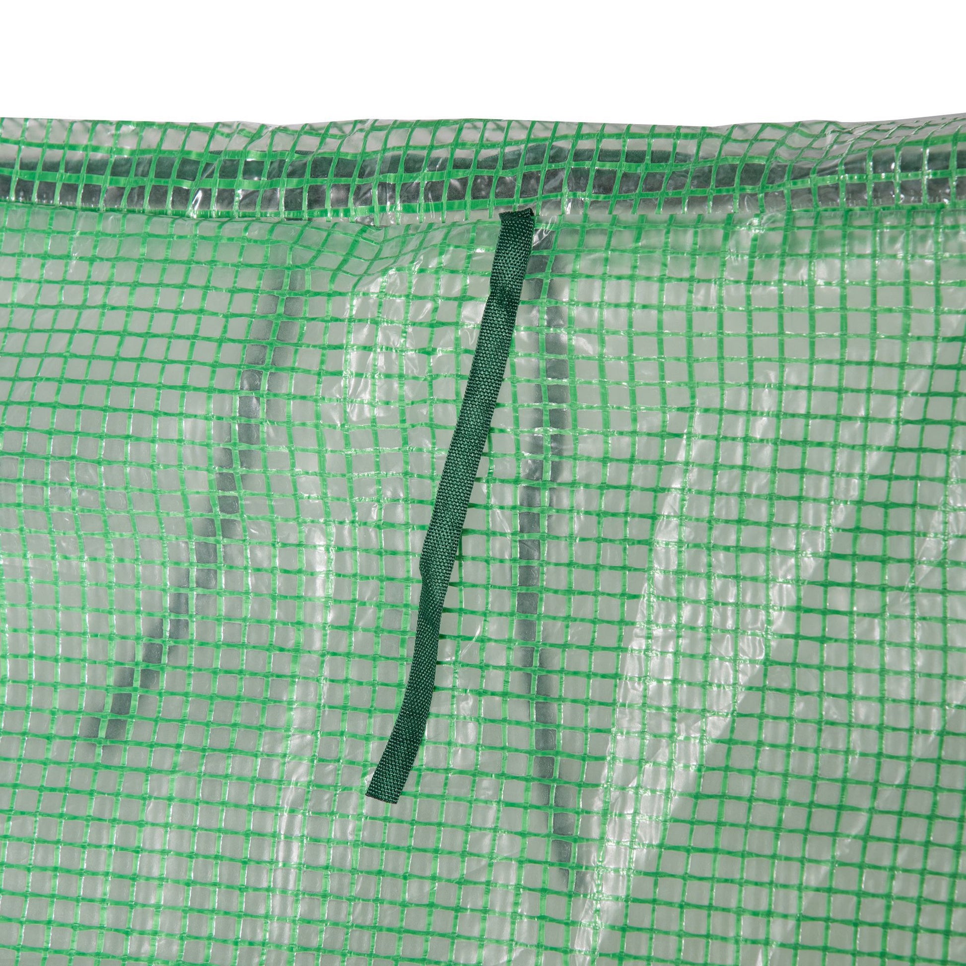 Green mini greenhouse cover made of reinforced plastic with securing strap for plants