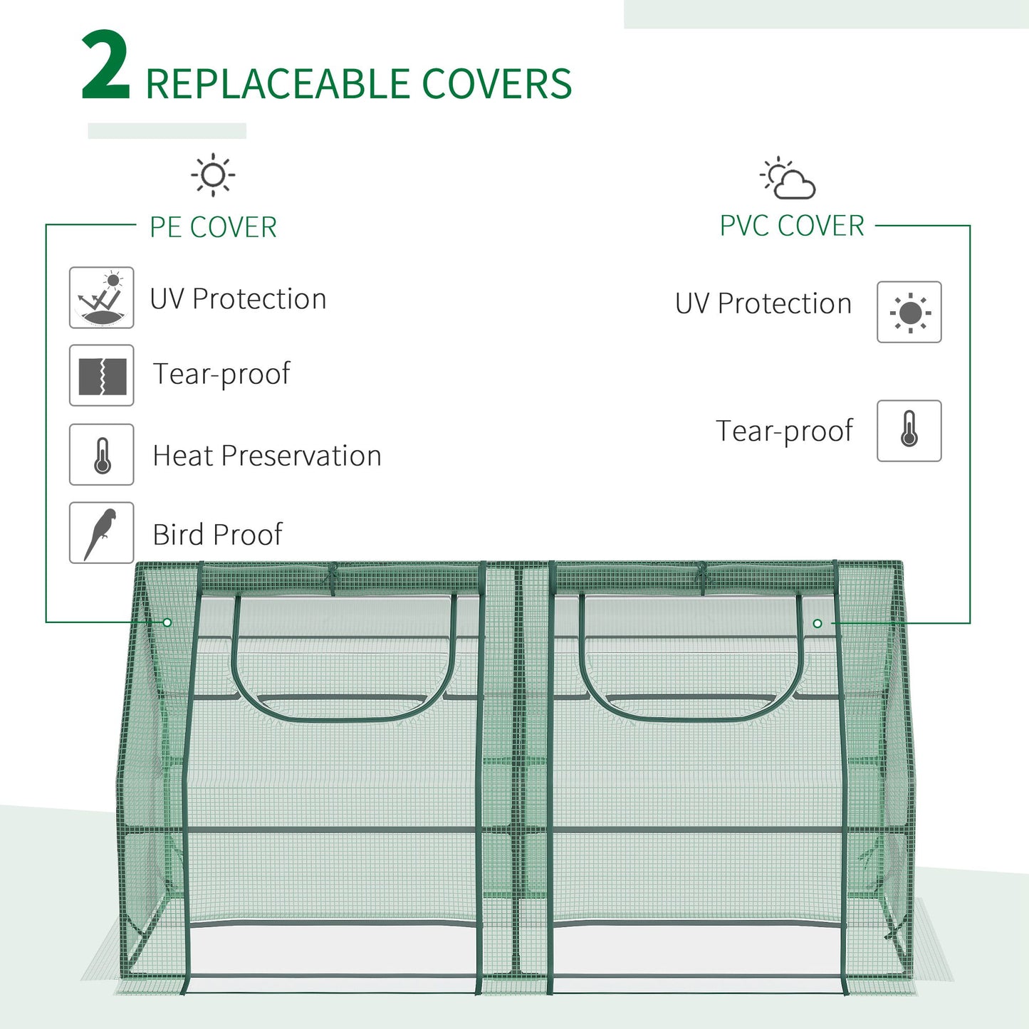 Green portable greenhouse with two PE cover doors and PVC cover option
