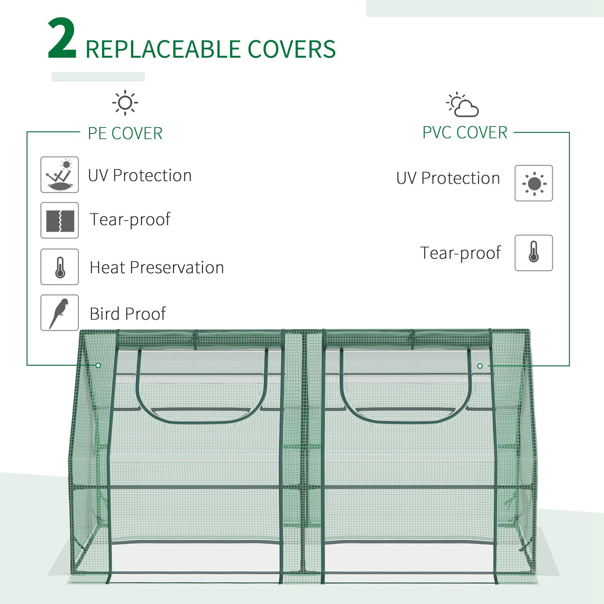 Green portable greenhouse with two PE cover doors and PVC cover option