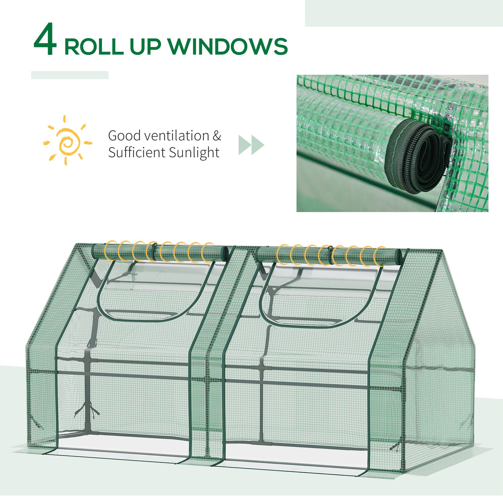 Green mini greenhouse with rollup windows for optimal plant growth and ventilation