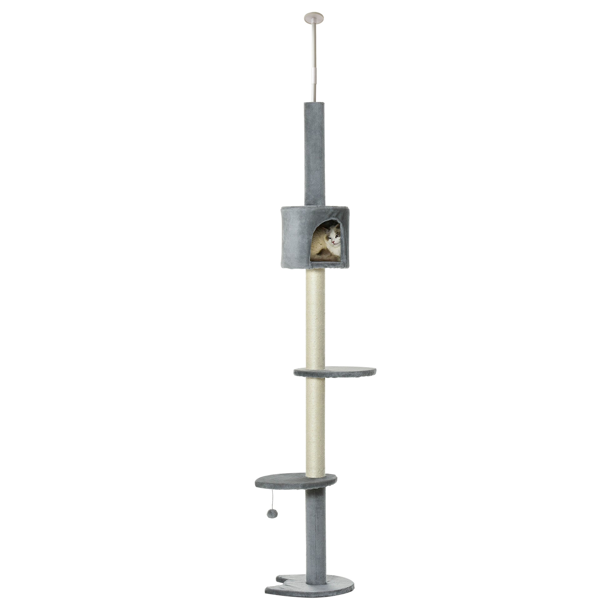 Gray cat tree with plush platforms and a cozy hideaway featuring sisal scratching posts